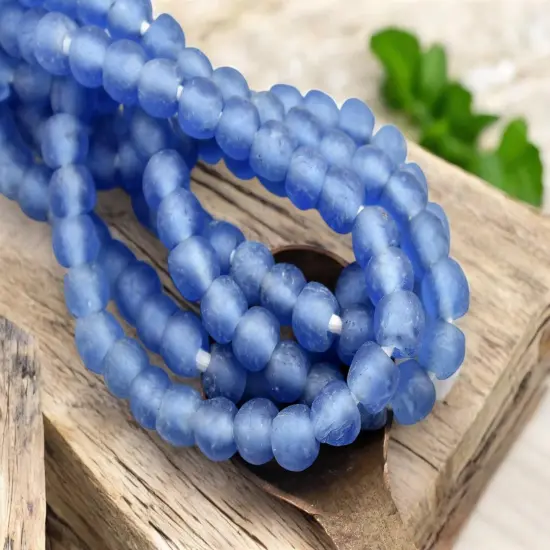 7-9mm Matte Blue African Recycled Glass Beads (18" Strand) {2}