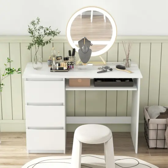 Costway Computer Desk with Power Outlet Keyboard Tray & 3 Large Drawers Type-C & USB Ports White/Natural {4}