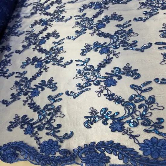 1 Yard Royal Blue Metallic Flowers Sequins Mesh Lace Fabric for Tablecloths and Costumes {4}