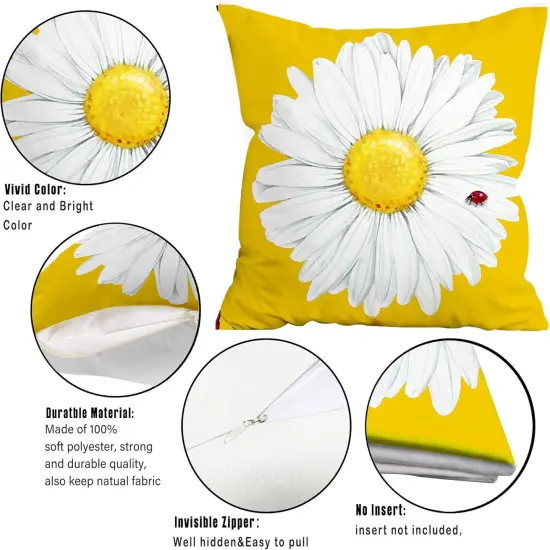 Spring Summer Pillow Covers 18x18 Set of 4, Farmhouse Spring Summer Decor Daisy Floral Yellow Throw Pillow Covers for Couch Sofa Indoor Outdoor Yellow Sunflower Decorations {4}
