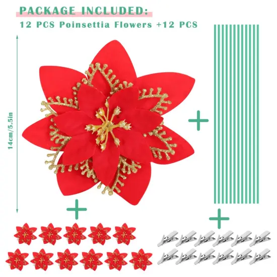 12PCS Christmas Poinsettia Flowers Decorations Artificial Red Glitter Poinsettia Ornaments with Clips & Stems for Xmas Tree, Wreaths, Garland, Holiday Decor {2}