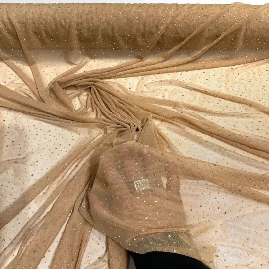 1 Yard Sheer Power Mesh With AB Rhinestones Stretch Fabric for Dancewear, Gowns & DIY Gold {4}