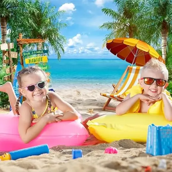 7x5FT Summer Hawaiian Beach Backdrop, Blue Sky Ocean Backdrops, Palm Tree Surfboard Street Sign and Beach Chair Photography Background, Hawaiian Luau Aloha Party Decorations Banner {3}