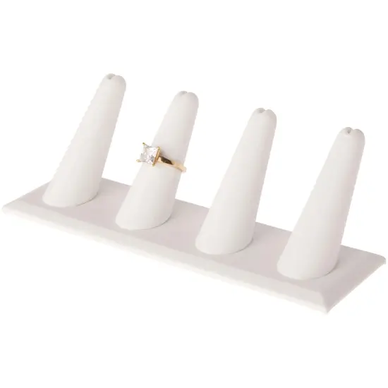 Plymor White Faux Leather Ring Finger Display, Four on Rectangular Base, 6" W x 2.125" D x 2.5" H {3}