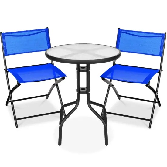 Best Choice Products 3-Piece Patio Bistro Dining Furniture Set w/ Round Textured Glass Tabletop, Folding Chairs Resort Blue {1}
