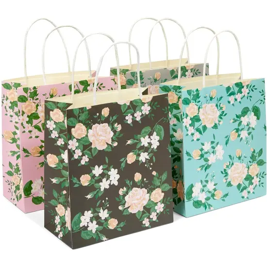 Small Floral Kraft Gift Bags with Handles in 4 Colors (8 x 9 x 4 in, 12 Pack) Multicolor {4}