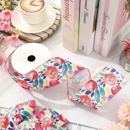 Floral Wired Edge Ribbon Spring Summer Watercolor Flower Ribbon for Bow Wreath Craft Gift Wrap Wedding Birthday Party Home Decor 2.5 Inch {2}