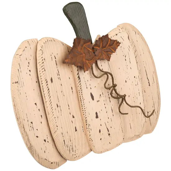 Northlight Rustic Wooden Fall Harvest Pumpkin with Leaves and Stem - 15" Beige {4}