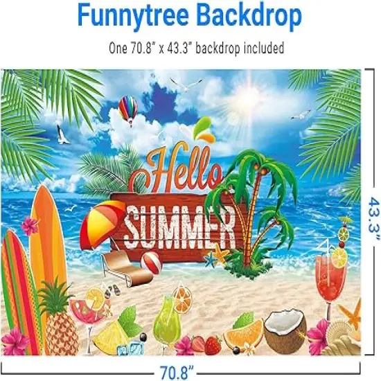Hello Summer Beach Party Backdrop Tropical Seaside Island Pool Party Photography Background Blue Sea Sky Hawaii Sunshine Luau Themed Decorations Photo Booth Props {2}