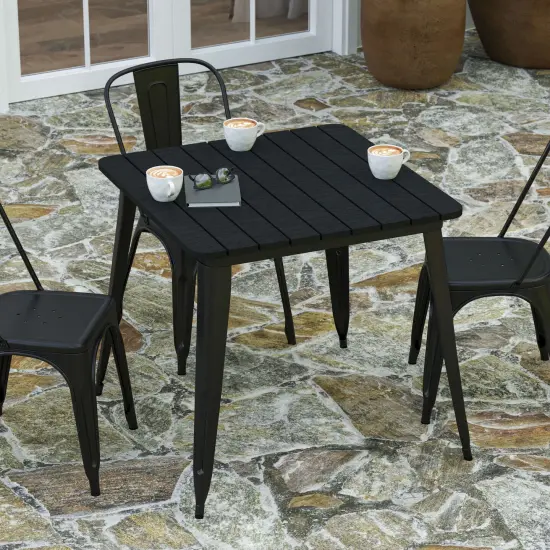 Merrick Lane Dryden Indoor/Outdoor Dining Table, 31.5" Square All Weather Poly Resin Top with Steel Base BrownTop/SilverFrame {9}