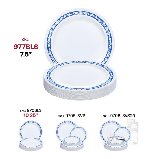 White with Blue and Silver Royal Rim Plastic Appetizer/Salad Plates - 7.5" (120 Plates) {6}