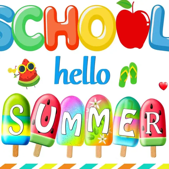 So Long School Hello Summer Backdrop Banner Colorful Sun Popsicle Party Decorations for Summer Vacation End of School Year Graduation Photography Background for Hawaii Pool Party Supplies {2}