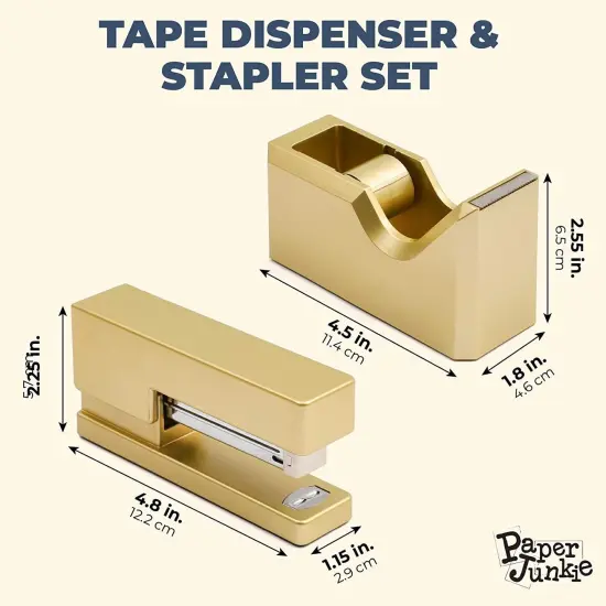 2 Piece Matte Gold Stapler and Tape Dispenser Set for Home Office Decor, Classroom Supplies, Desk Accessories for Dorm Room, Students, Teachers, Office Organization {3}