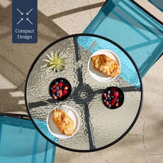 Best Choice Products 3-Piece Patio Bistro Dining Furniture Set w/ Round Textured Glass Tabletop, Folding Chairs Peacock {5}