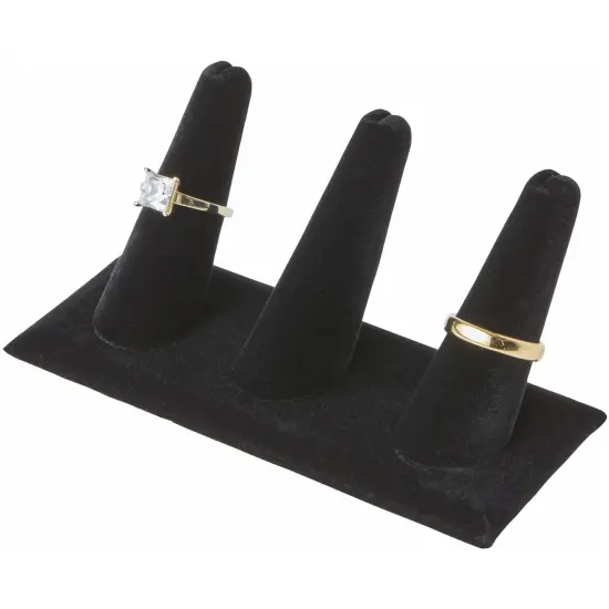 Plymor Black Velvet Ring Finger Display, Three on Rectangular Base, 4.875" W x 2.25" D x 2" H {3}