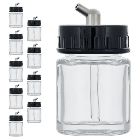 10 Pack Master Airbrush TB-003, 3/4 oz Glass Jar Bottles with 60 degree Down Angle Adaptor Lid Assembly, Single-Action Siphon {1}