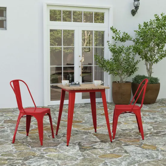 Merrick Lane Dryden Indoor/Outdoor Dining Table, 23.75" Square All Weather Poly Resin Top with Steel Base Brown Top/Red Frame {1}