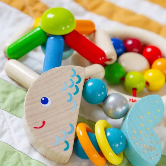 HABA Rattlefish Wooden Baby Rattle and Teething Toy with Plastic Rings, Teething Toys 6-12 months, Grasping Toy for Babies, Made in Germany Multicolor {7}