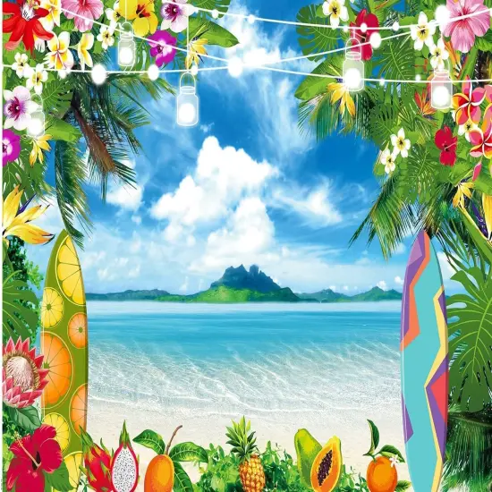 Summer Hawaiian Beach Photography Backdrop Tropical Flower Palm Leaves Surfboard Background Aloha Luau Decorations Photo Banner {1}