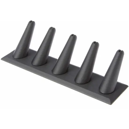 Plymor Gray Faux Leather Ring Finger Display, Five on Rectangular Base, 8" W x 2.125" D x 2.5" H {1}