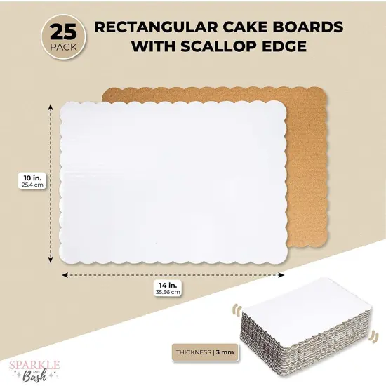 White Foil Cake Boards, Scalloped Rectangle Dessert Base (14 x 10 In, 25 Pack) {3}