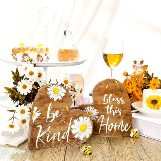 2 Pcs Rustic Table Decorations for Living Room Home Farmhouse Table Centerpieces Small Love Wooden Heart Decor for Dining Room Shelf Housewarming Gifts New House Decoration(Daisy Style) {2}