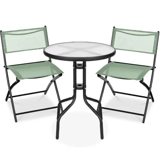 Best Choice Products 3-Piece Patio Bistro Dining Furniture Set w/ Round Textured Glass Tabletop, Folding Chairs Sage {1}