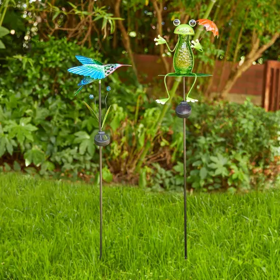 Set of 2 36"H/39"H Solar Hummingbird & Frog Yardstakes {3}
