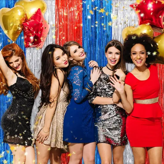 Red Blue Silver Tinsel Foil Fringe Curtains, 2 Pack 3.3x8.3 Feet Party Streamer for Birthday Party Decorations, Halloween Decor, Foil Curtain for Bachelorette Party {5}