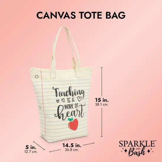 Canvas Tote Bag for Teacher Appreciation Gifts, Teaching is a Work of Heart (14.5 x 15 x 6 In) White {3}