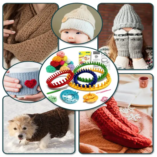 UCDRMA Loom Knitting Kit with Yarn, 23PCS Round Knitting Loom Kit for Beginners Including Instructions and Pom Pom Maker, Easy & Quick Hat Knitting Loom Set/Scarf Loom Knitting Set for Family {3}