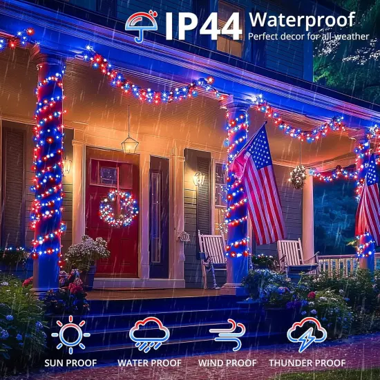 MYGOTO Red White and Blue String Lights,33FT 100LED 4th of July Patriotic Fairy Lights Outdoor Waterproof,8 Modes Memory UL Plug Independence Day Light for Home Party Holiday Tree Xmas Decoration {1}