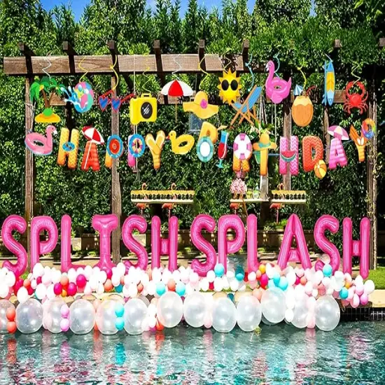 Girls Pool Party Happy Birthday Banner Pool Party Balloons Decoration Summer Birthday Decorations Splish Splash Birthday Decorations Beach Birthday Party Decorations {3}