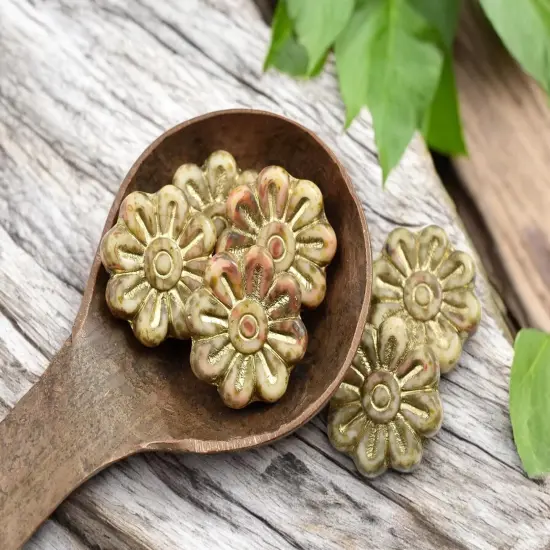 *6* 18mm Gold Washed Opaque Peach & White Travertine Daisy Flower Beads {2}
