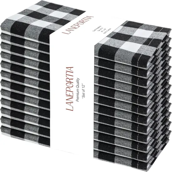 12 Pack Dinner Napkins, 18x18 Inches, Buffalo Plaid Gingham Check Cloth Napkins with Mitered Corners, 100% Cotton Hotel Quality Reusable, Washable (Black/White) {1}