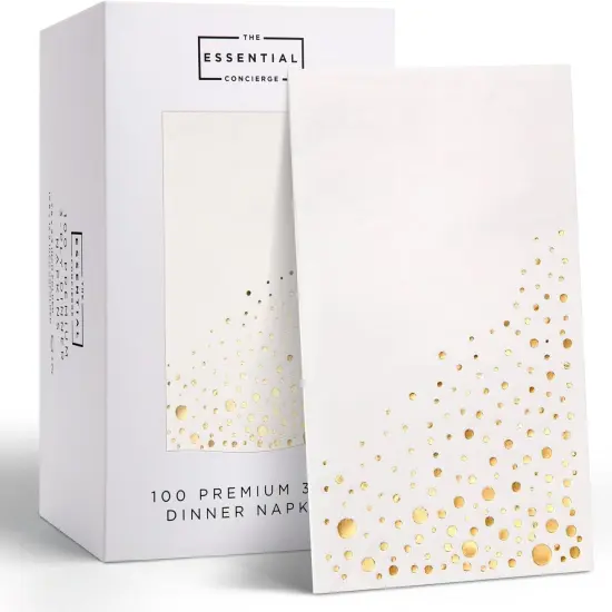 Stylish Gold Dinner Napkins, 100 Pack of White and Gold Napkins, Disposable 7.5 x 4.25 Inch Gold Napkins for Party, Gold Party Napkins, Disposable Dinner Napkins, Wedding Napkins, Gold Paper Napkins {1}