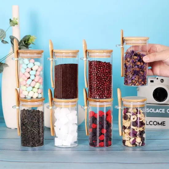 Set of 8 Glass Jars with Bamboo Lids and Spoons, 10 OZ Airtight Small Glass Tea Containers for Loose Tea, Coffee and Sugar Glass Container for Yogurt Jars with Lids {3}