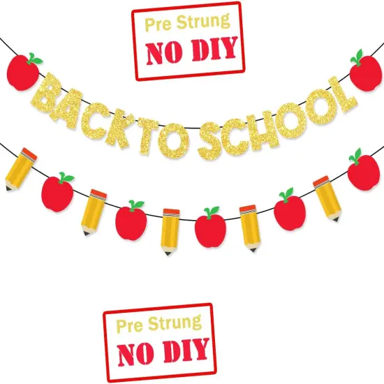 Pre-Strung Welcome Back to School Decorations Banner Gold Glitter {3}