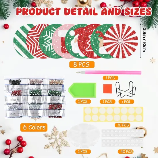 Diamond Coasters Art Painting Kit, 8pcs Diamond Christmas Art Coasters with Holder {2}