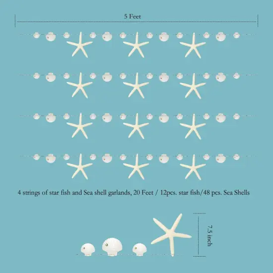 White Finger Starfish Sea Shell Garland Ocean Coastal Nautical Party {3}