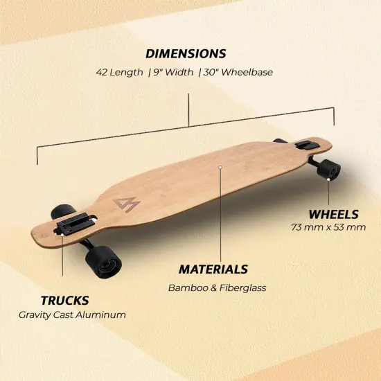 Magneto Longboards Bamboo Longboards, All-Round Durable, Flexible Longboard for Cruising, Carving, Free-Style, Downhill and Dancing, Bamboo Drop & Fiberglass Through Longboard, 42&rdquo; x 9&rdquo; Brown {2}