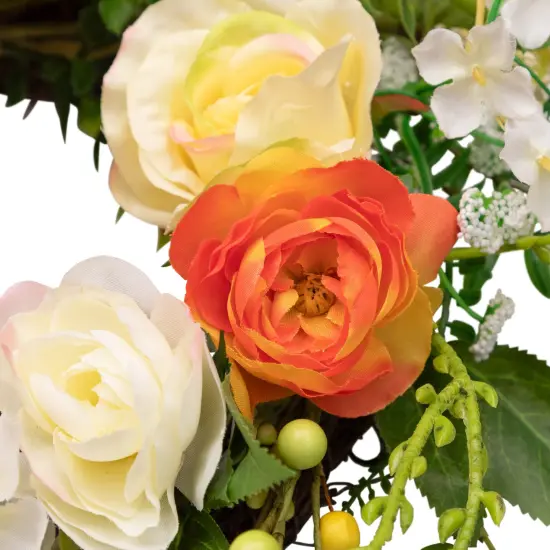 Northlight Hydrangea and Rose Artificial Floral Twig Wreath - Orange - 16" {6}