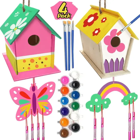 4-Pack DIY Bird House Wind Chime Kit &ndash; Build & Paint Craft Set for Kids Ages 4&ndash;8, Easter Basket Gift {1}