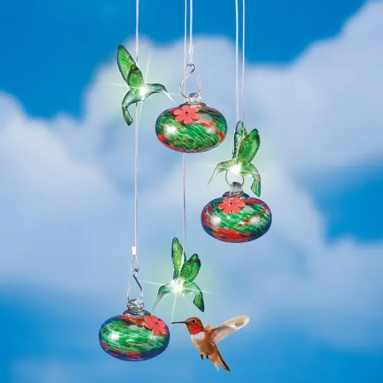 Collections Etc Solar Powered Triple Hanging Hummingbird Glass Feeder {1}
