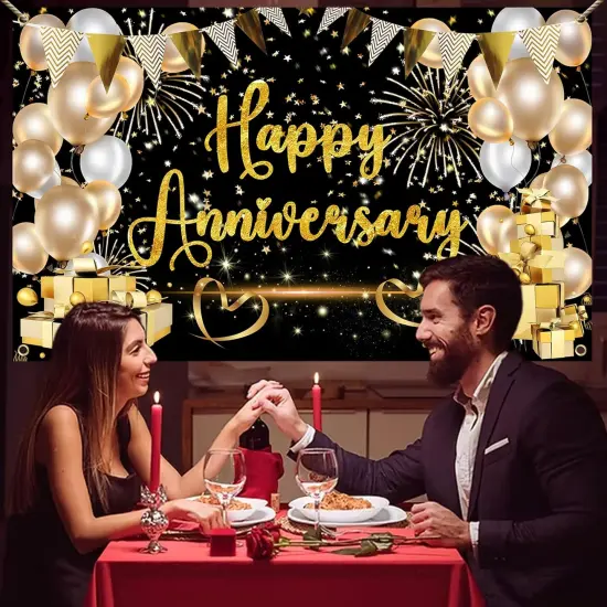 Happy Anniversary Banner Black and Gold Decorations for Party Supplies {5}