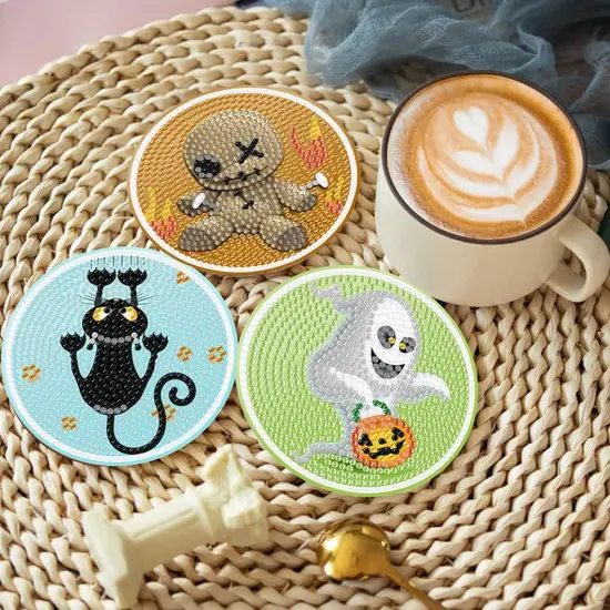 8Pcs Halloween Diamond Art Painting Coasters Kit with Holder {2}