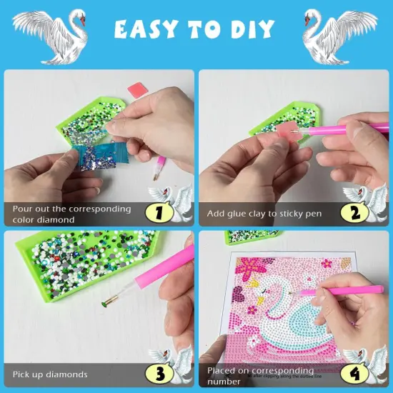 Diamond Art Kit for Kids With Wooden Frame - Arts and Crafts for Ages 6-12 - Easy DIY for Adult Beginners - Home Wall Decoration (Pink Swan) {3}