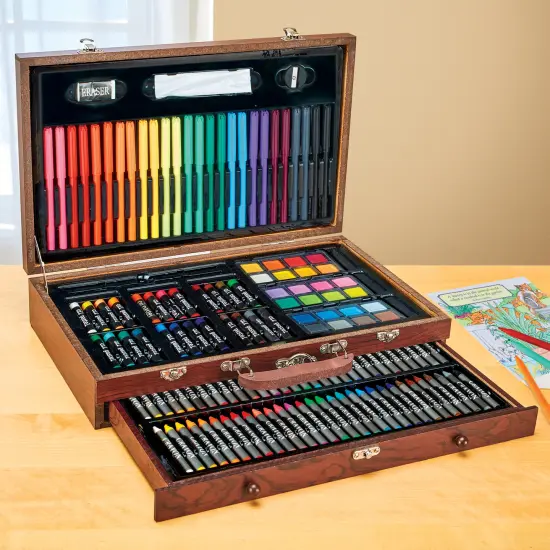 Collections Etc 140-Piece Artist Set with Wooden Carrying Case {1}