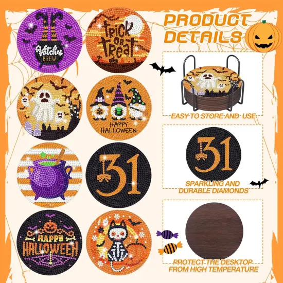 8 Pcs Halloween Diamond Painting Coasters Kits DIY {4}