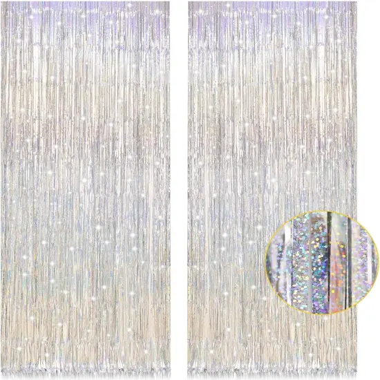 2 Pack 3.2ft x 8.2ft Silver Metallic Tinsel Foil Fringe Curtains {1}